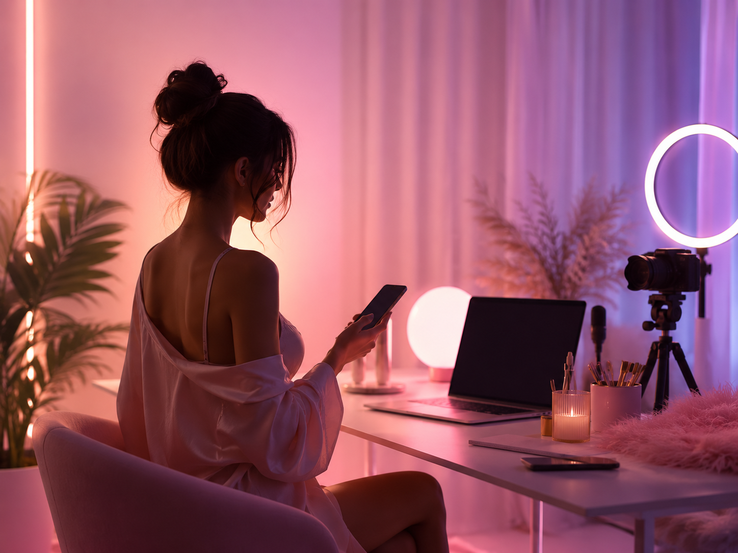 Premium creator workspace with soft studio lighting